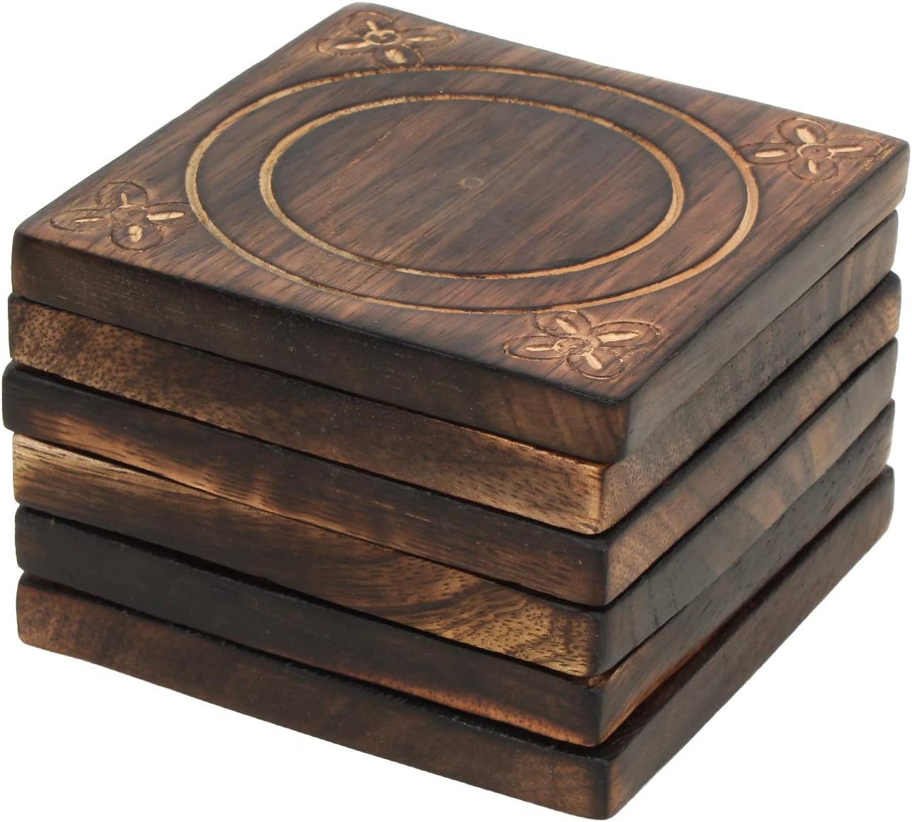 Ajuny Wooden Drink Coasters with Holder Set Burnt Wood Style Square Handcrafted Decorative Non-Slip Tabletop Protection for Any Table Type for Tea Coffee Mugs Home Decor Set of 6 - Image 5