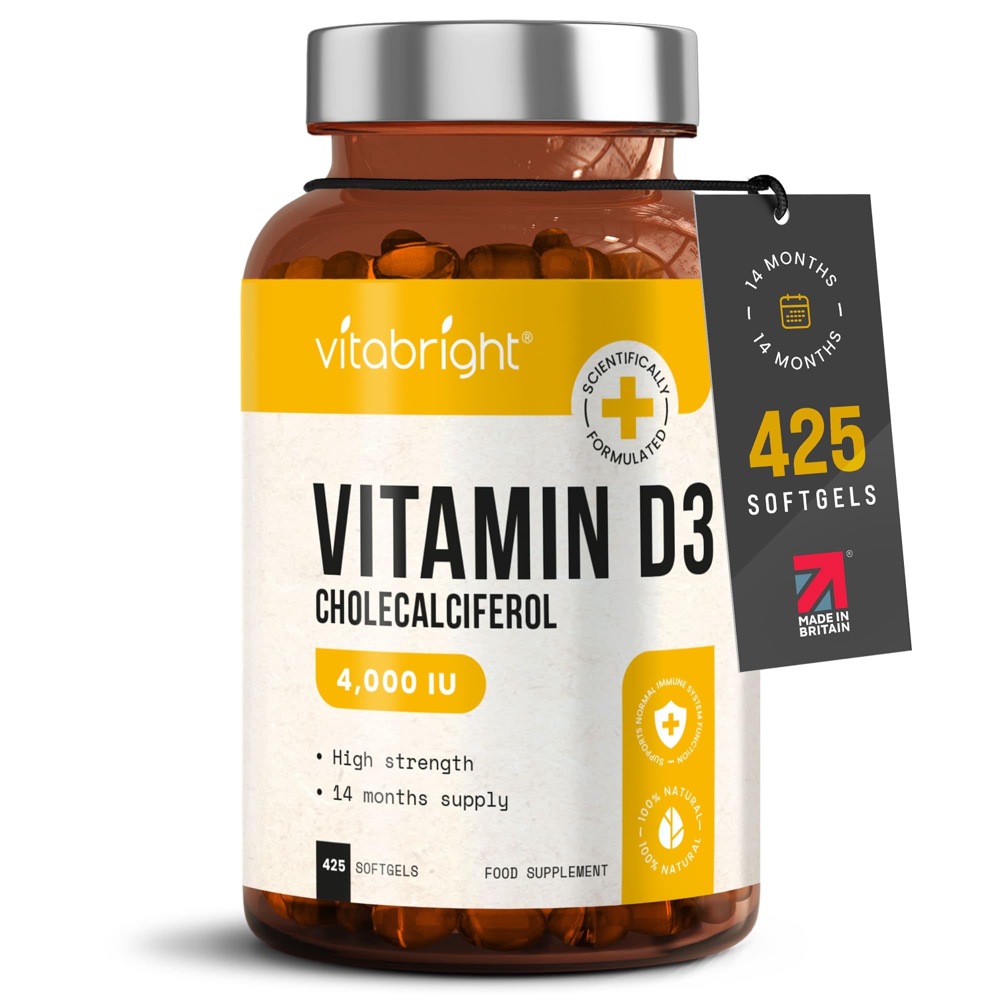 VitaBright Vitamin D3 4000 IU Daily | 425 Micro Softgels | 14 Month Supply | High Strength Vitamin D Tablets | Sugar-Free Alternative to Gummies | Cholecalciferol Supplements for Women & Men
