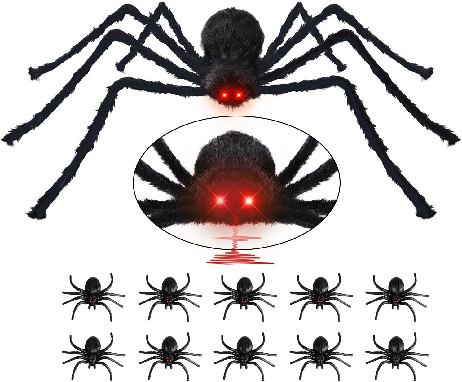 Begleri Halloween Decorations Giant Spider 4.1 ft with LED Eyes Spooky Sound Including 5 pcs Realistic Spider for Outdoor,Party,Bedroom Decor