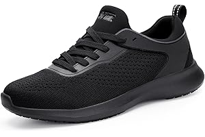 SPIEZ Mens Non Slip Shoes - SRC Slip-Resistant Certified Food Service Shoes, Lightweight Breathable Slip On Work Sneakers Bla