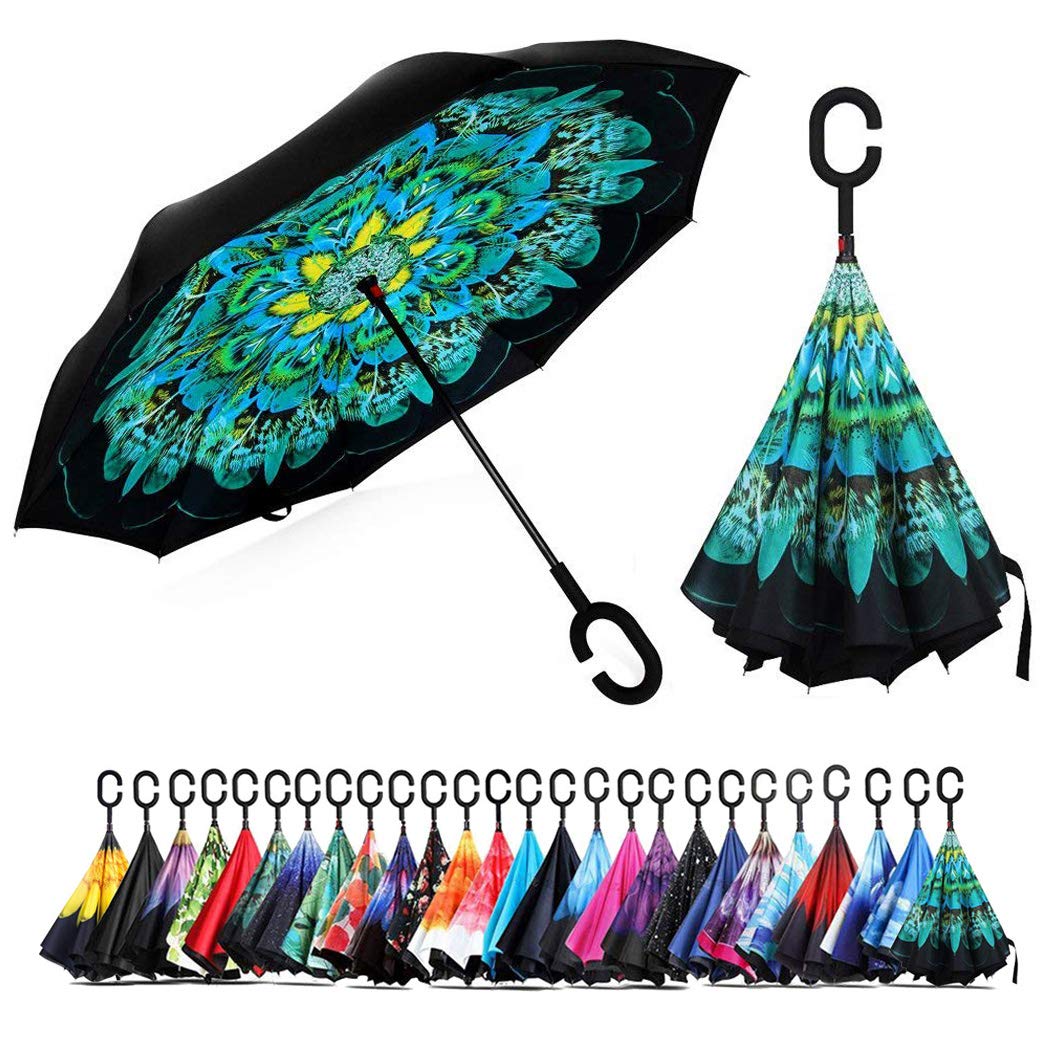 NNY Inc Double Layer Inverted Umbrella Cars Reverse Open Folding Umbrellas, Windproof UV Protection Large Self Stand Upside Down Straight Umbrella for Golf Women and Men with C-Shaped (Peacock)