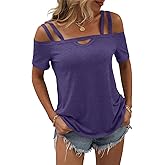 Micticsi Womens Cold Shoulder Tops for Women Summer Sexy Cut Out Tops Short Sleeve Criss Cross Casual Shirts
