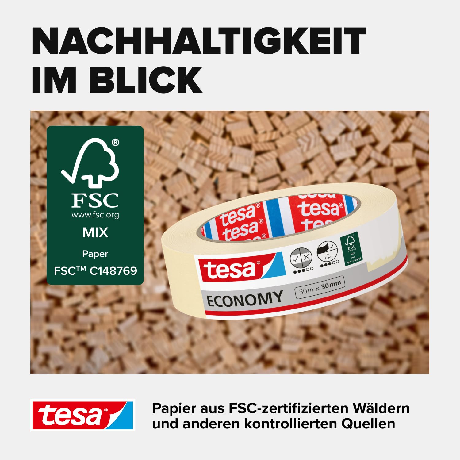 tesa Malerband ECONOMY - Vielseitiges Klebeband für Malerarbeiten ohne Lösungsmittel - Bis zu 4 Tage nach Gebrauch rückstandslos entfernbar, 5x 50 m x 30 mm 6