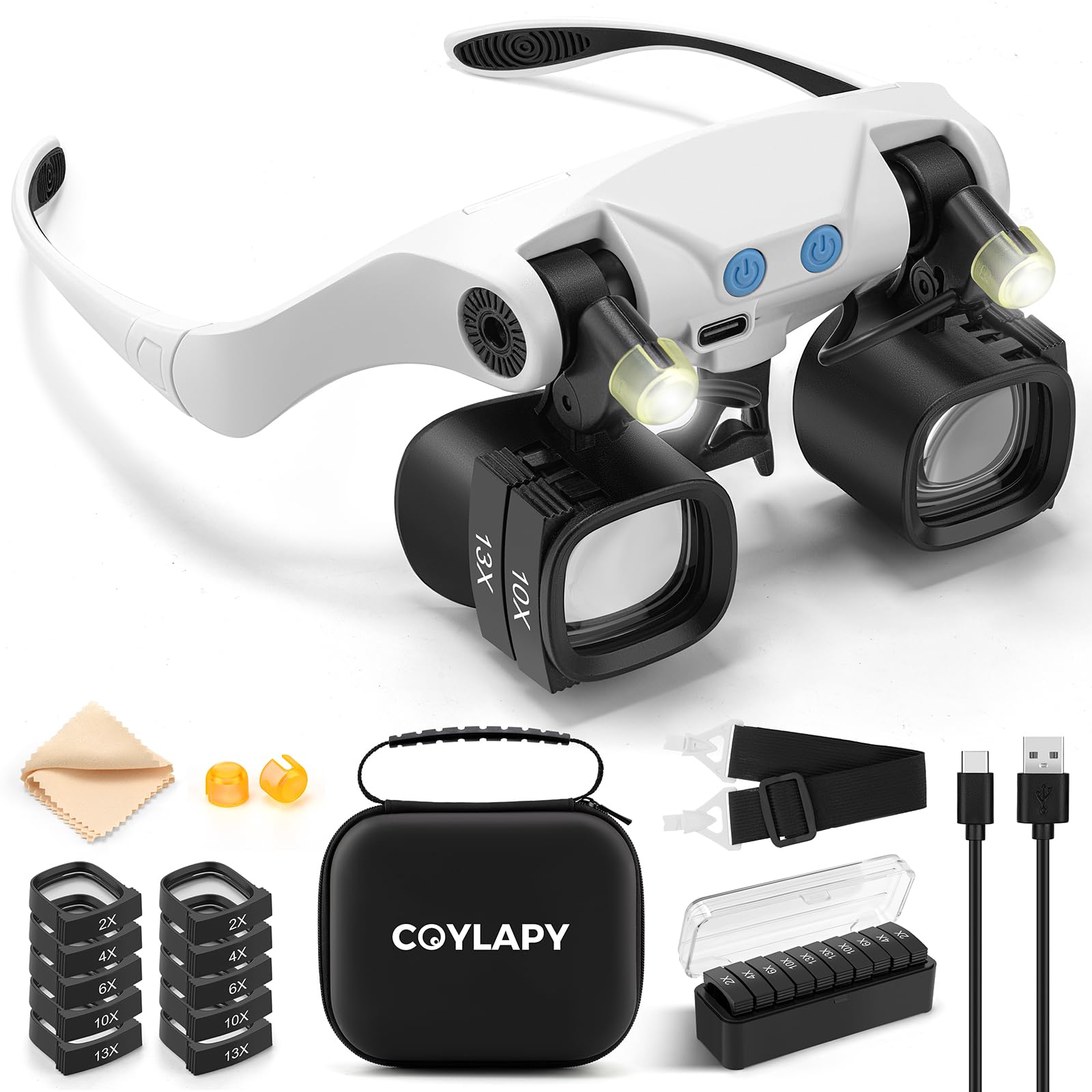 Photo 1 of COYLAPY Magnifying Glasses for Close Work, Jewelers Magnifying Glass with Light & 5 Interchangeable Lens Pairs(2X 4X 6X 10x 13x), Headband Loupe Magnifier for Watch Repair,Crafts, w/Storage Case