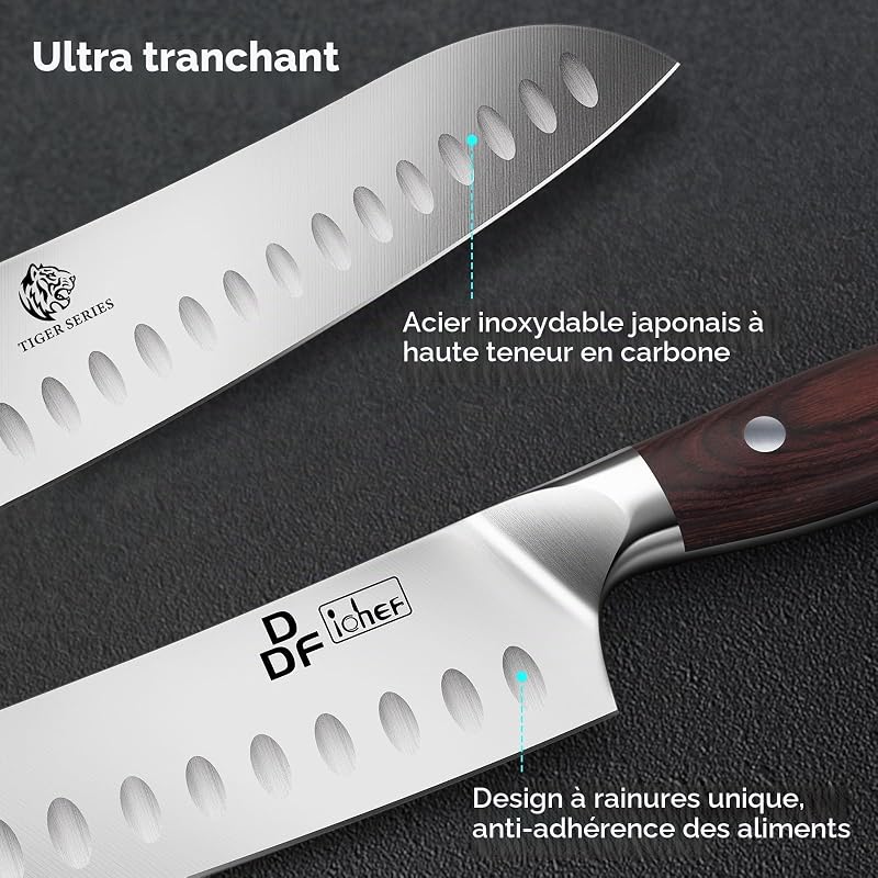 Couteau Santoku, Couteau de Cuisine Professionnel 18 cm Couteaux de Chef Acier Inoxydable Lame Très Tranchante avec Boîte Cadeau — photo 2 sur 7