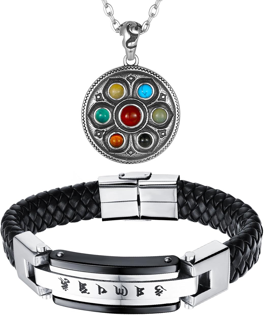 Aroncent Braided Leather Bracelet Magnetic Clasp Stainless Steel Mantra Pendant Necklace 2 Pcs Set, Black/Gold