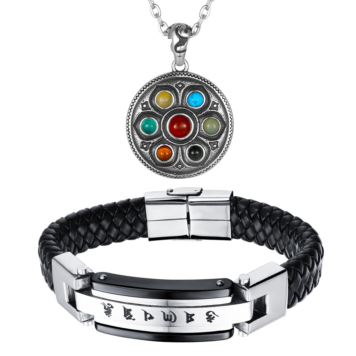 Aroncent Braided Leather Bracelet Magnetic Clasp Stainless Steel Mantra Pendant Necklace 2 Pcs Set