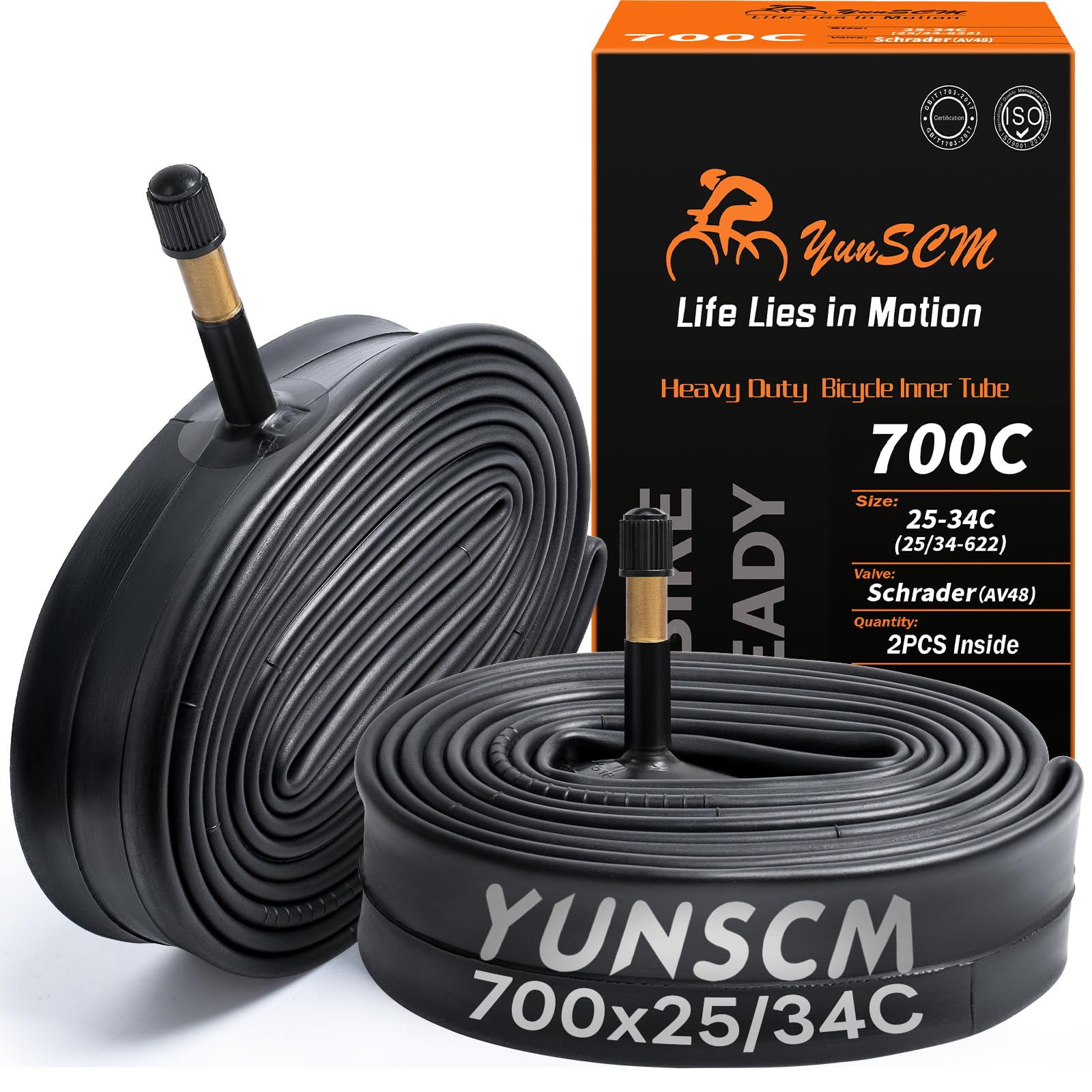 YunSCM 2-PCS 700C Heavy Duty Bike Tubes 700x25C 700x28C 700x30C 700x32C 700x34C 25/34-622 Inner Tubes AV48mm Schrader Valve 28inch Tubes Compatible with 700x25C/28C/30C/32C/34C Road Bike Tyre Tube