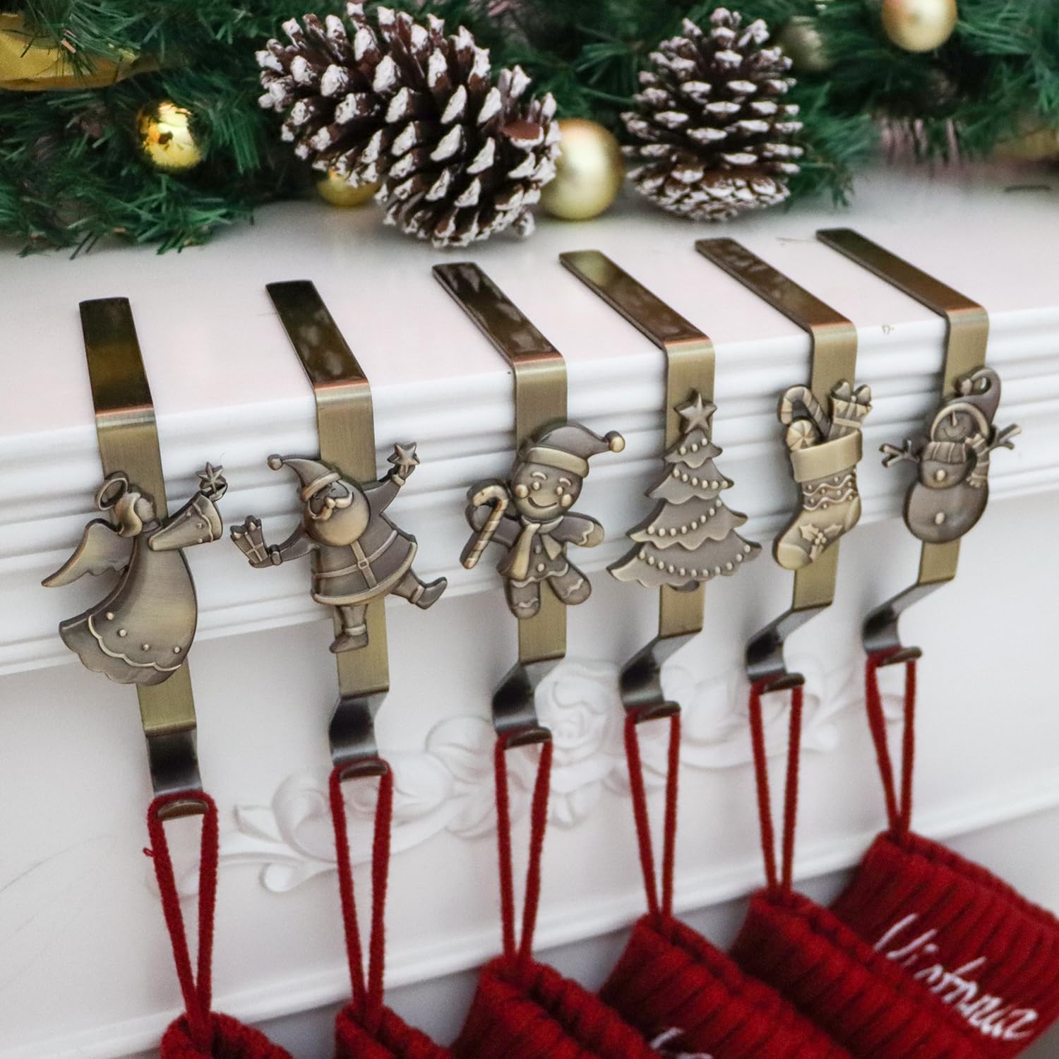 Ornament Hooks - Christmas Stocking Holder for Mantle Set of 6, Reusable Christmas Stocking Hooks, No-Damage Xmas Hanger for Fireplace mantle Grip Stand Christmas Decoration Ornaments Hanging Bronze Shelf Floor