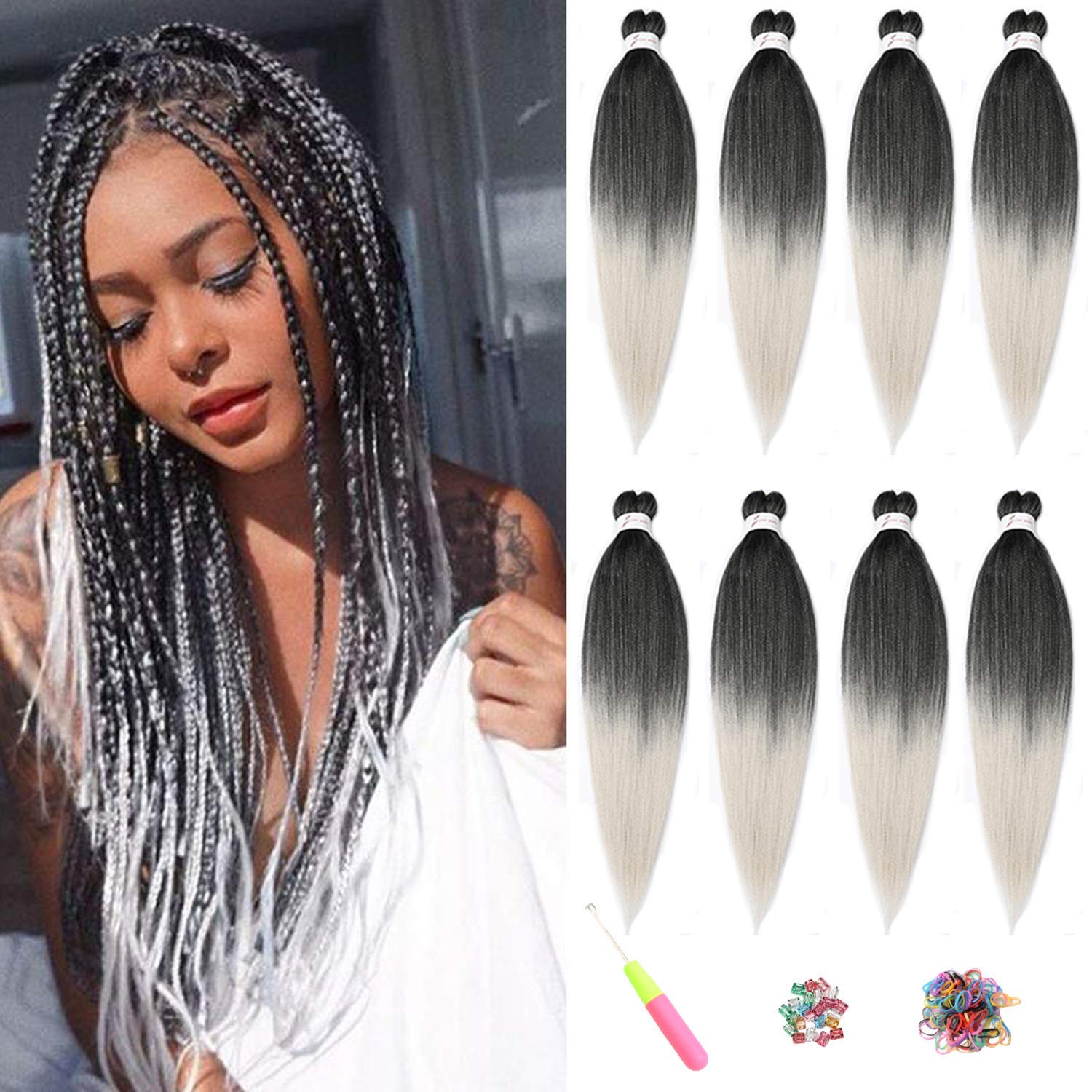 Pre-Stretched Braiding Hair ShowJarlly Soft Free Synthetic Fiber Corchet Braids 8Packs/Lot Knotless Braiding Hair Extensions Hot Water Setting Crochet Braids Braiding Hair (20inch,T1B/Silver#) — image 1