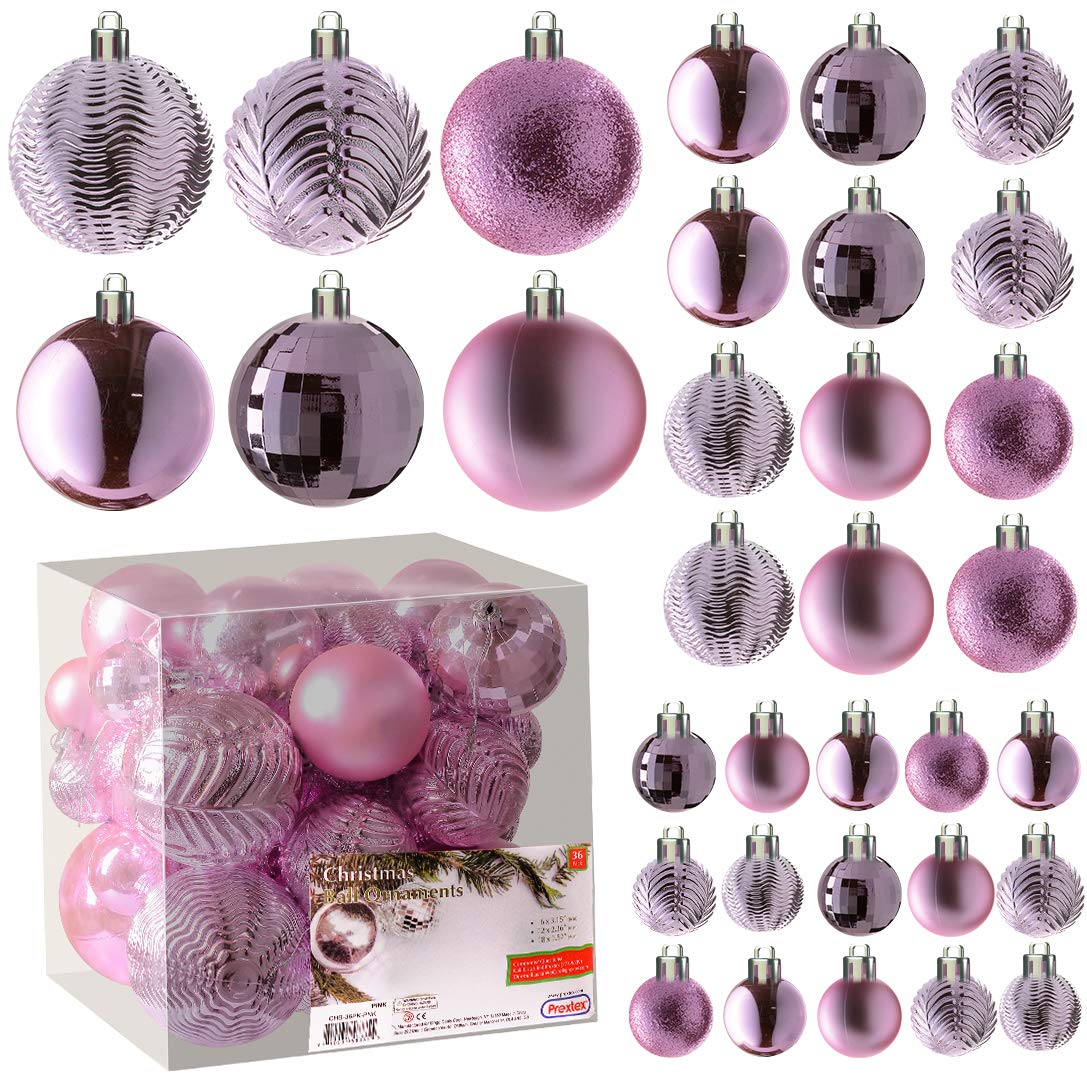 Prextex Pink 36-Piece Shatterproof Christmas Ball Ornament The Perfect Glitter Balls, Christmas Tree Baubles Christmas Decorations, Exquisite Xmas Combo of 36 Christmas Balls and Shape Styles