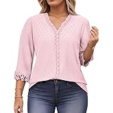ROSRISS Womens-Tops-Plus-Size Dressy Lace Trim V Neck 3/4 Length Sleeve Shirts Trendy Dot Eyelet Blouses Casual Loose Tunics