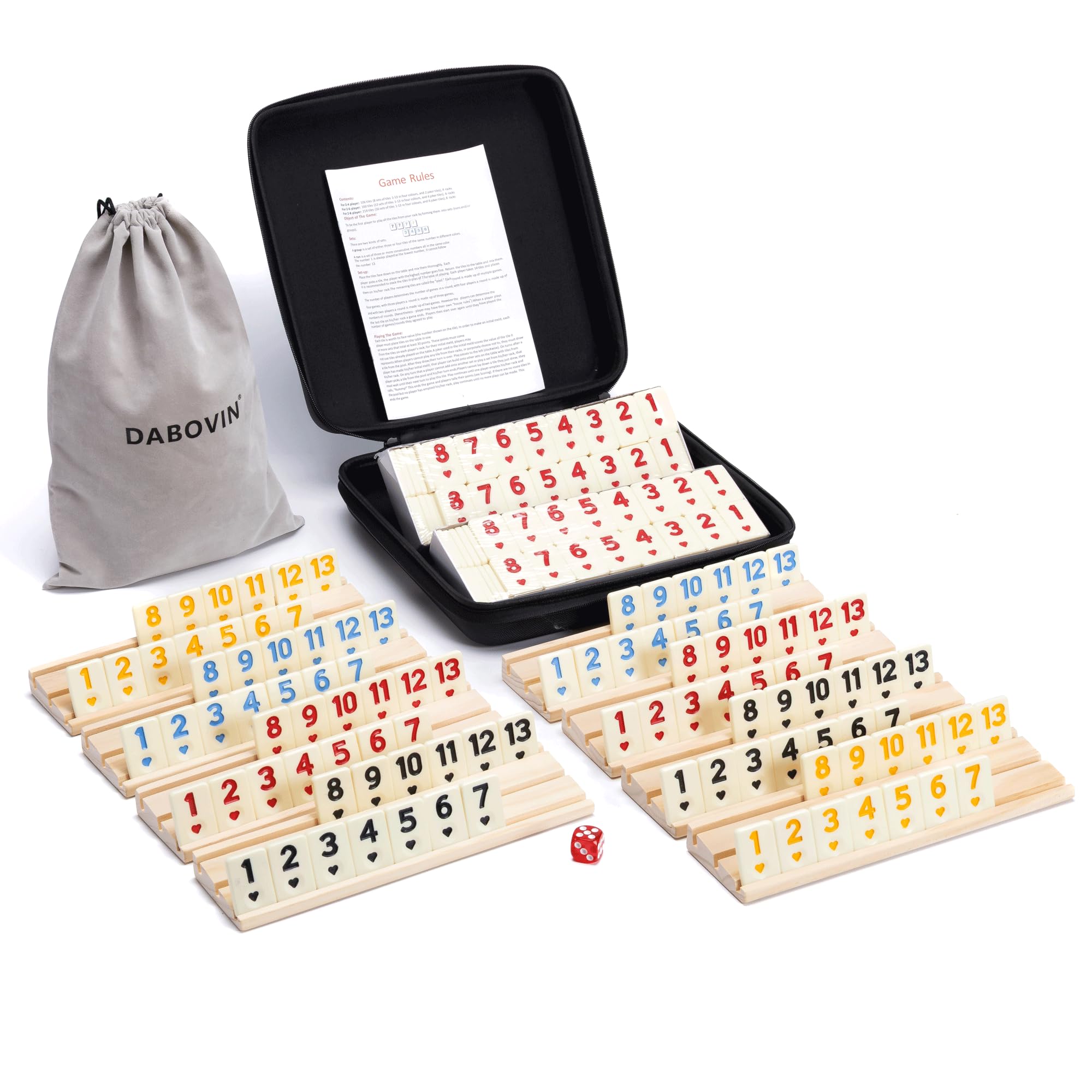 DABOVIN Upgraded Original Rummi with Case, 8 Players Rummy with 8 Wooden Trays and 214 Rumi Tiles, Classic and Funny Party Game