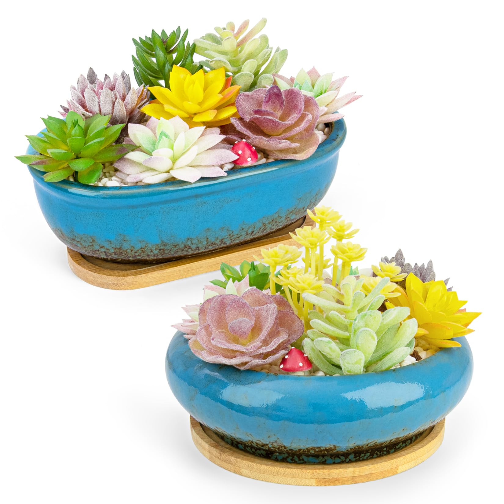 ARTKETTY Succulent Plant Pot - Large Ceramic Bonsai Pot with Drainage Tray, 1 Rectangle Planter + 1 Round Plant Pot for Indoor Cactus Flower Plants Decorative Garden Home