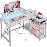 Bestier White Computer Desk with Charging Port & LED Strip,42 inch Modern Gaming Desk with Reversible Storage Shelves,Small L Shaped Desk with Hooks for Home Office