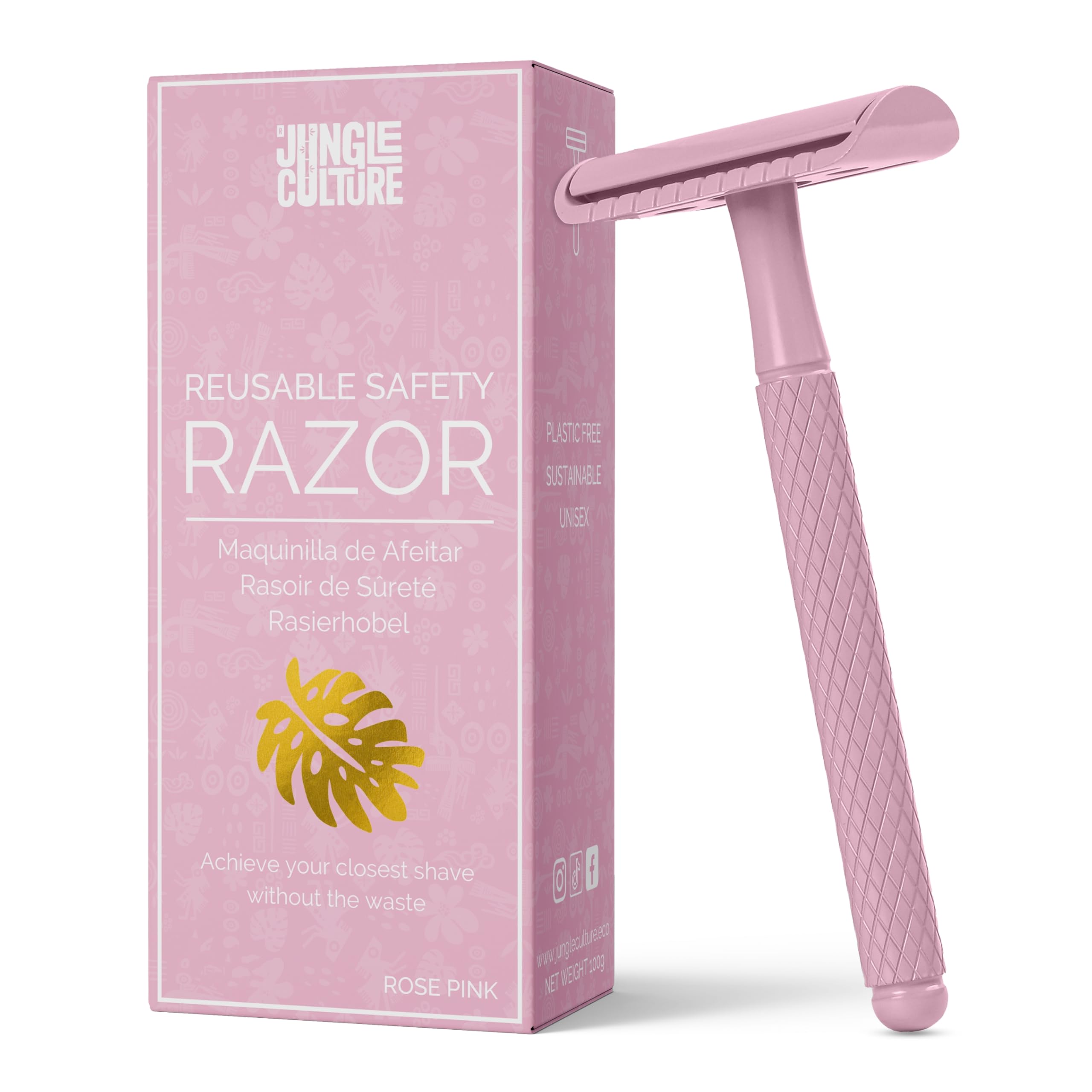 Jungle Culture Safety Razor for Women & Men in Pink • Reusable Metal Razor • No Blades Included - Fits All Double Edge Blades • Eco Friendly • Shaving Guide included • for Body & Face
