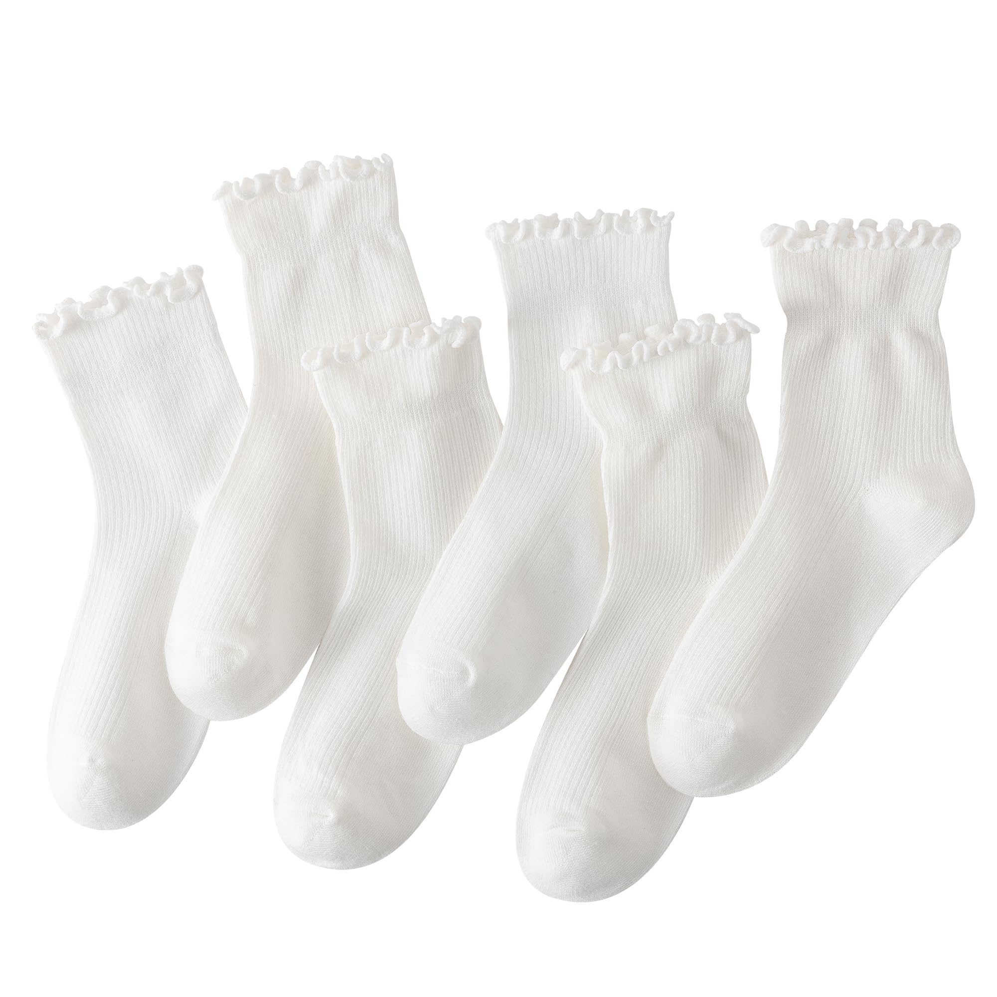 Photo 1 of AniKigu 6 Pairs Ruffle Socks for Women Girls,Casual Cute Ankle Socks Breathable Knit Cotton Warm Soft Frilly Crew Sock(White)