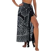 Back From Bali Womens Sarong Coverup Hand Painted Flower Swimsuit Wrap Skirt Beach Pareo with Coconut Clip Charcoal Black