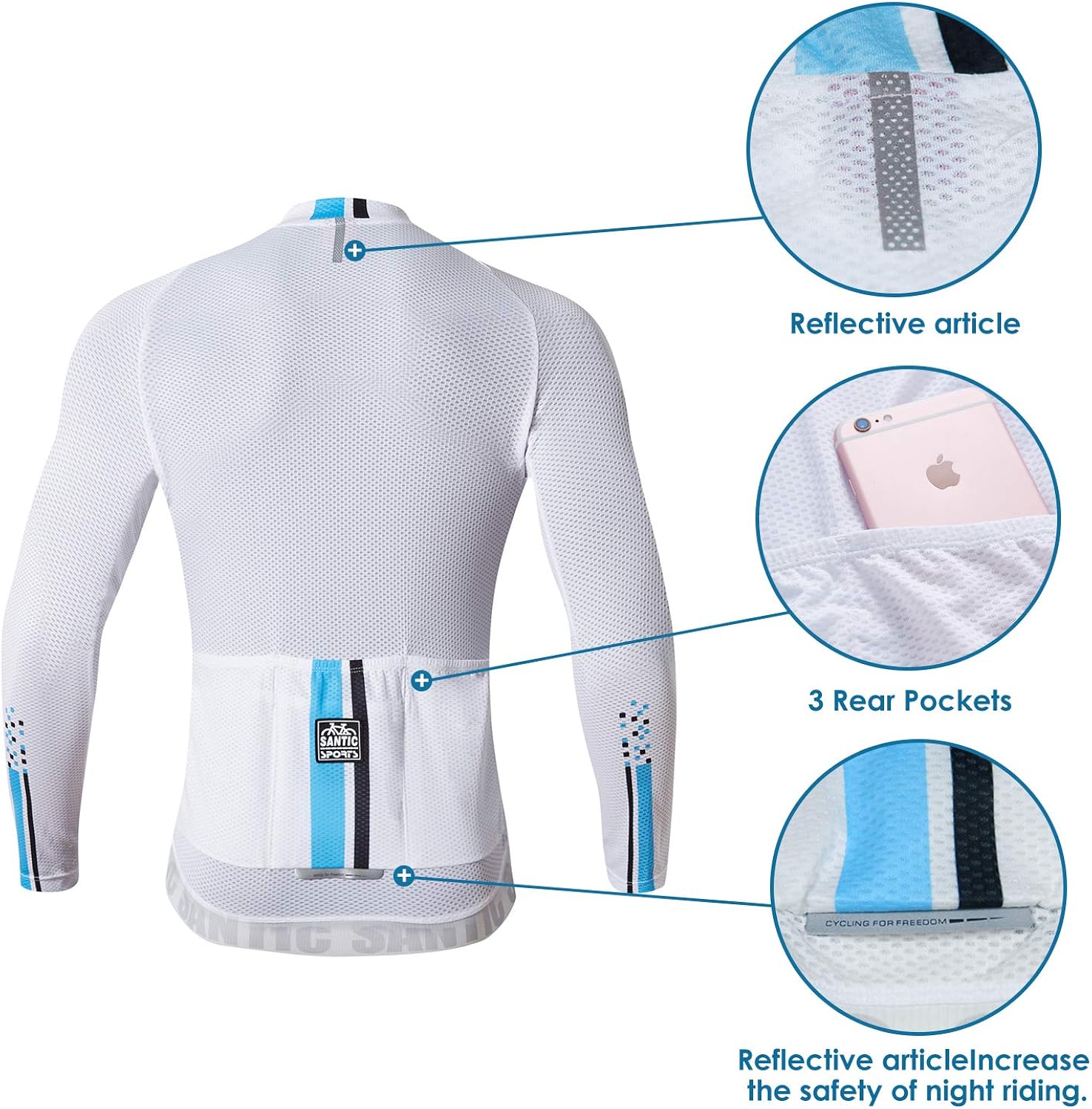 Santic Cycling Jersey Men's Long Sleeve Bike Reflective Full Zip Bicycle Shirts with Pockets : Clothing