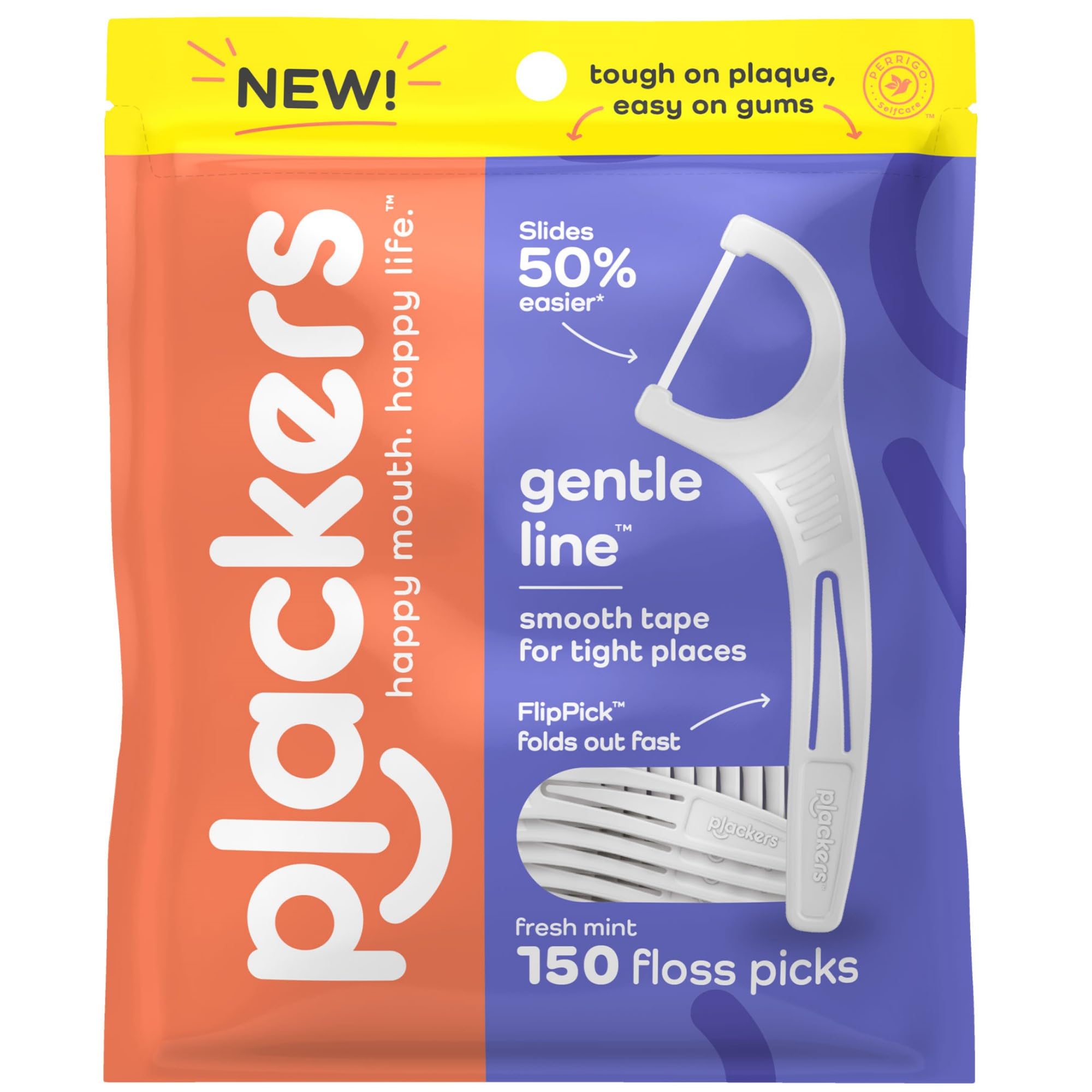 Photo 1 of Plackers Gentle Line Floss Picks, Fresh Mint Flavor, Fold-Out FlipPick, QuickFix Grip, Easy Storage with Sure-Zip Seal, 150 Count