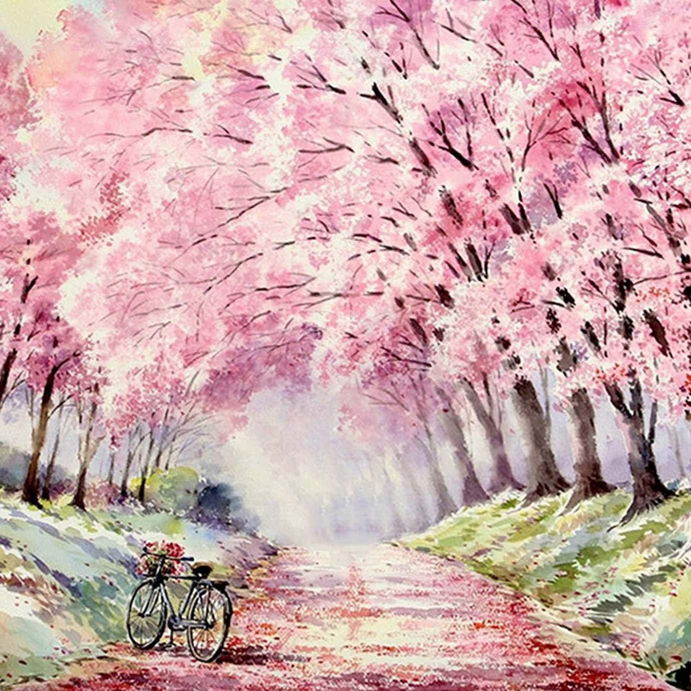 DIY 5D Diamond Painting by Number Kits, Diymood Painting Cherry Blossom Bike Tree-Lined Road Paint with Diamonds Arts Full Drill Canvas Picture for Home Wall Decor 40x40cm(16x16inch)