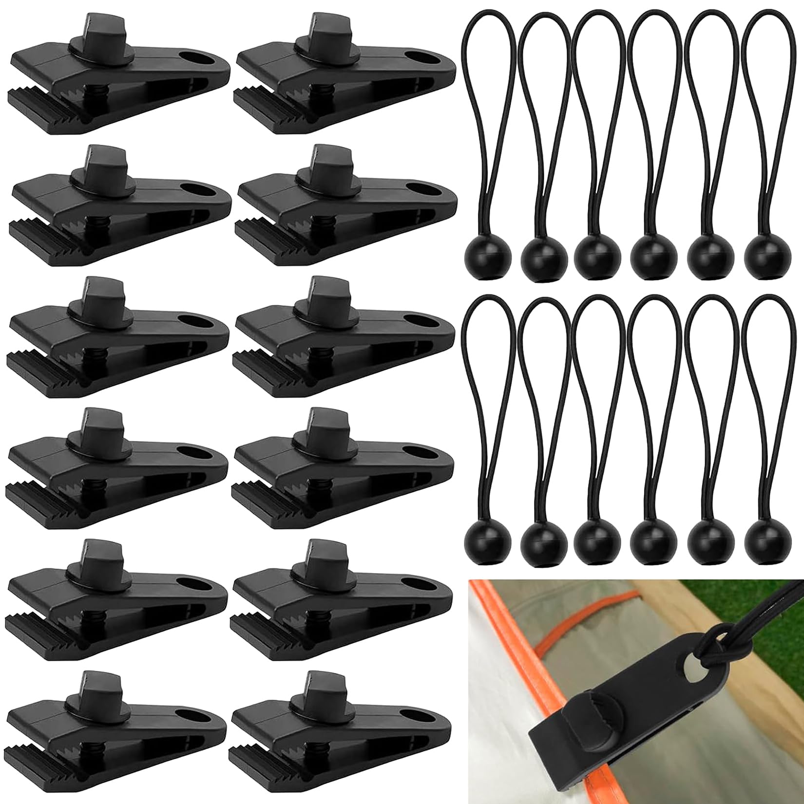 TOOINKCV 12 Pcs Heavy Duty Tarp Clips Set with Bungee Cords, Outdoor Grip Tent Clips Fastener Awning Clamps for Camping Tents Cover Caravan