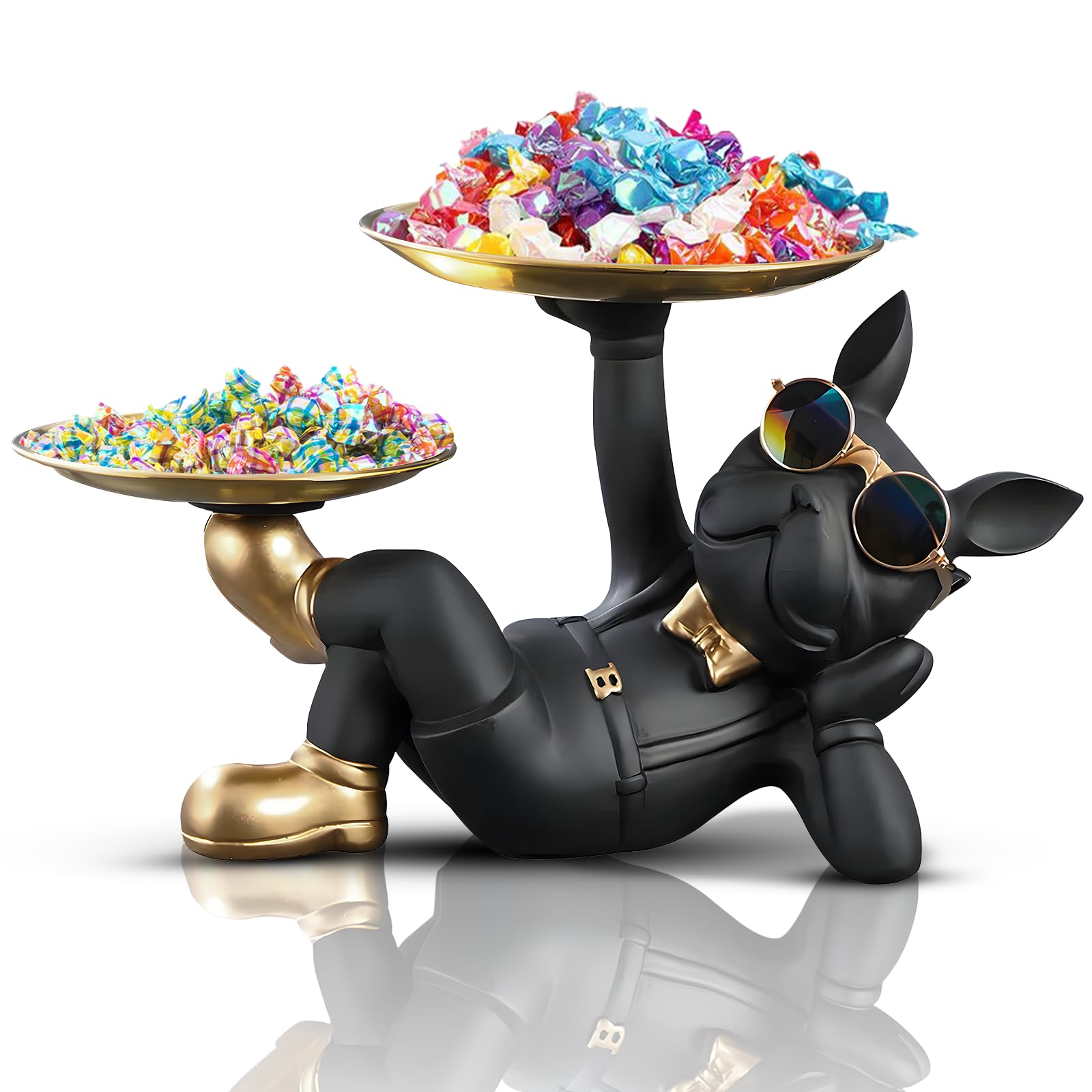 French Bulldog Statue,Resin Bulldog Decor with Tray, Candy Dish Key Holder Bowl Storage Ornament Sculpture for Home Decor,Accessories for Office Desk Figurines Entryway Table Decor (Lying,Black)