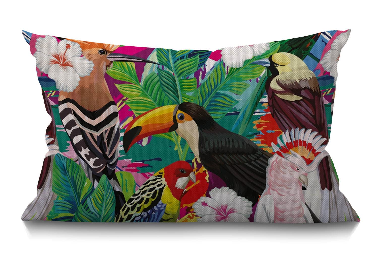 BGBDEIA Oblong Cushion Cover Farmhouse 12x20 Inch Soft Linen Throw Pillowcase Tropical Bird Toucan Leaves and Hibiscus Flowers Pillow Cover for Couch Bed Sofa Chair,30 x 50 cm