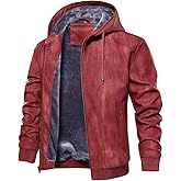 FANARCHER Men’s Faux Leather Jacket Fleece Padded Bomber Motorcycle Jacket with Hood