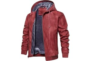 FANARCHER Men’s Faux Leather Jacket Fleece Padded Bomber Motorcycle Jacket with Hood