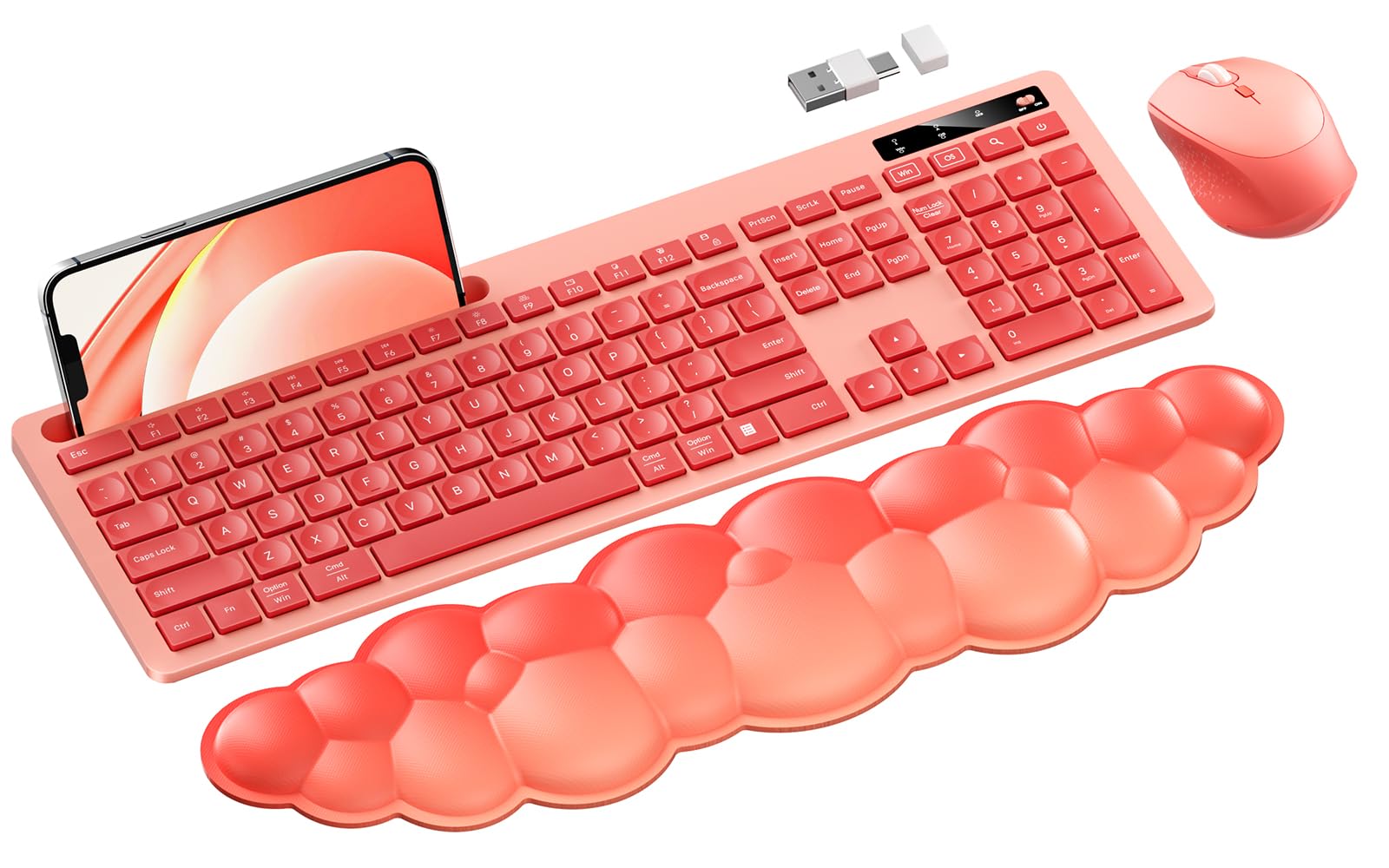 Photo 1 of seenda Wireless Keyboard and Mouse with Cloud Wrist Rest, Full-Size Cute Ergonomic Keyboard with Phone Holder, USB A&Type C Receiver, Cordless Connection for Mac/Windows/PC, Hot Pink