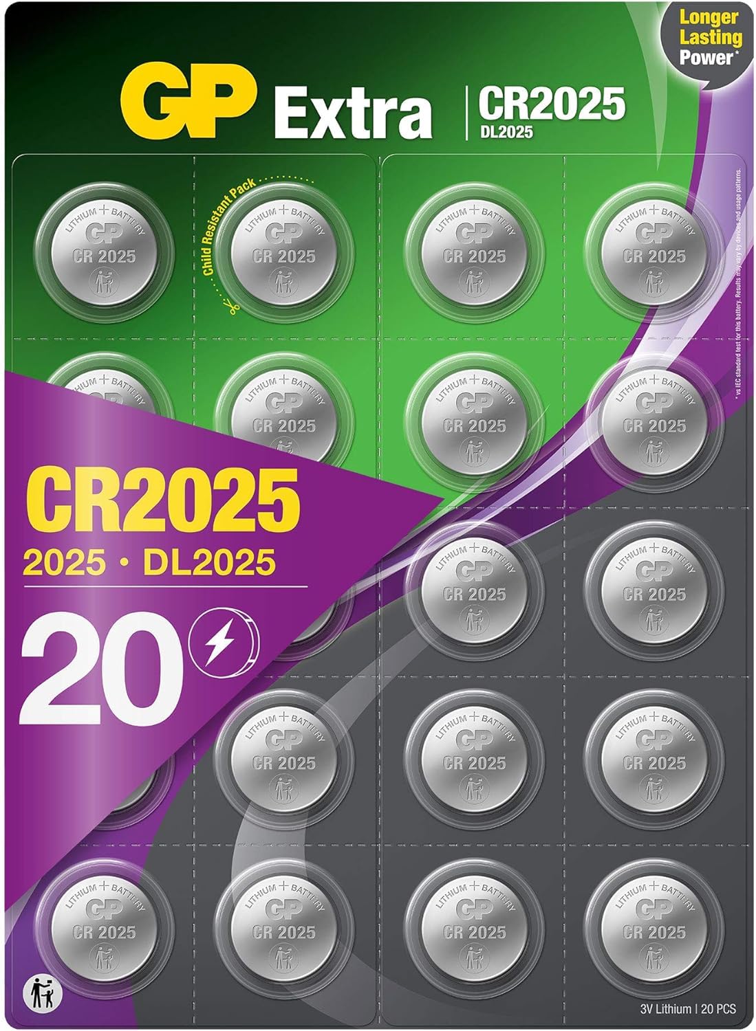 GP CR2025 3V Lithium Coin Cell Batteries 20 Pack - Flat Battery for Car Key/Key Fob Audi Mercedes Nissan - DL2025 2025 Batteries also suitable for scales/toys/heartrate monitor etc