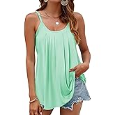 AURUZA Summer Tank Tops for Women Pleated Spaghetti Strap Camisole Loose Fit Casual Scoop Neck Sleeveless Shirts 2024, Lake Green, Small