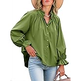 Tankaneo Womens Puff Long Sleeve Button Down Shirts Pleated V Neck Cotton Blouses Loose Fit Casual Ruffle Tops