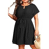 Pinup Fashion Plus Size Swimsuit Cover Up - Women Hollow Out Swimwear Cover Dress Short Sleeve Coverups