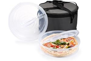 BSTKEY 2 Pack 12 inch Round Pizza Keeper with Insulated Food Carrying Case Bag, Pizza Dough Tray Fits 2-4 Dough Balls, Clear Plastic Food Storage Container for Cheese Cake Cupcakes Pies Pastries Fruit