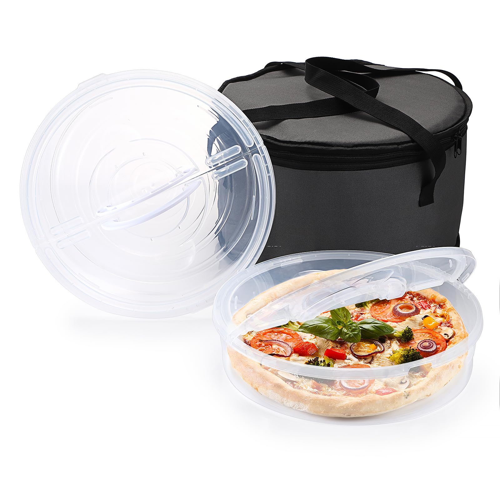 Photo 1 of 2 Pack 12 inch Round Pizza Keeper with Insulated Food Carrying Case Bag, Pizza Dough Tray Fits 2-4 Dough Balls, Clear Plastic Food Storage Container for Cheese Cake Cupcakes Pies Pastries Fruit