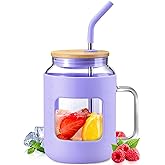 WINSA 50 oz Glass Water Bottles with Silicone Sleeve,Glass Tumbler with Lid and Straw,Iced Coffee Cup with Handle,BPA Free-Purple