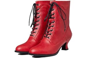Yremael Women's Victorian Ankle Boots - Mid Calf, Round Toe, Black Boots with Chunky Heel & Lace Up Detail
