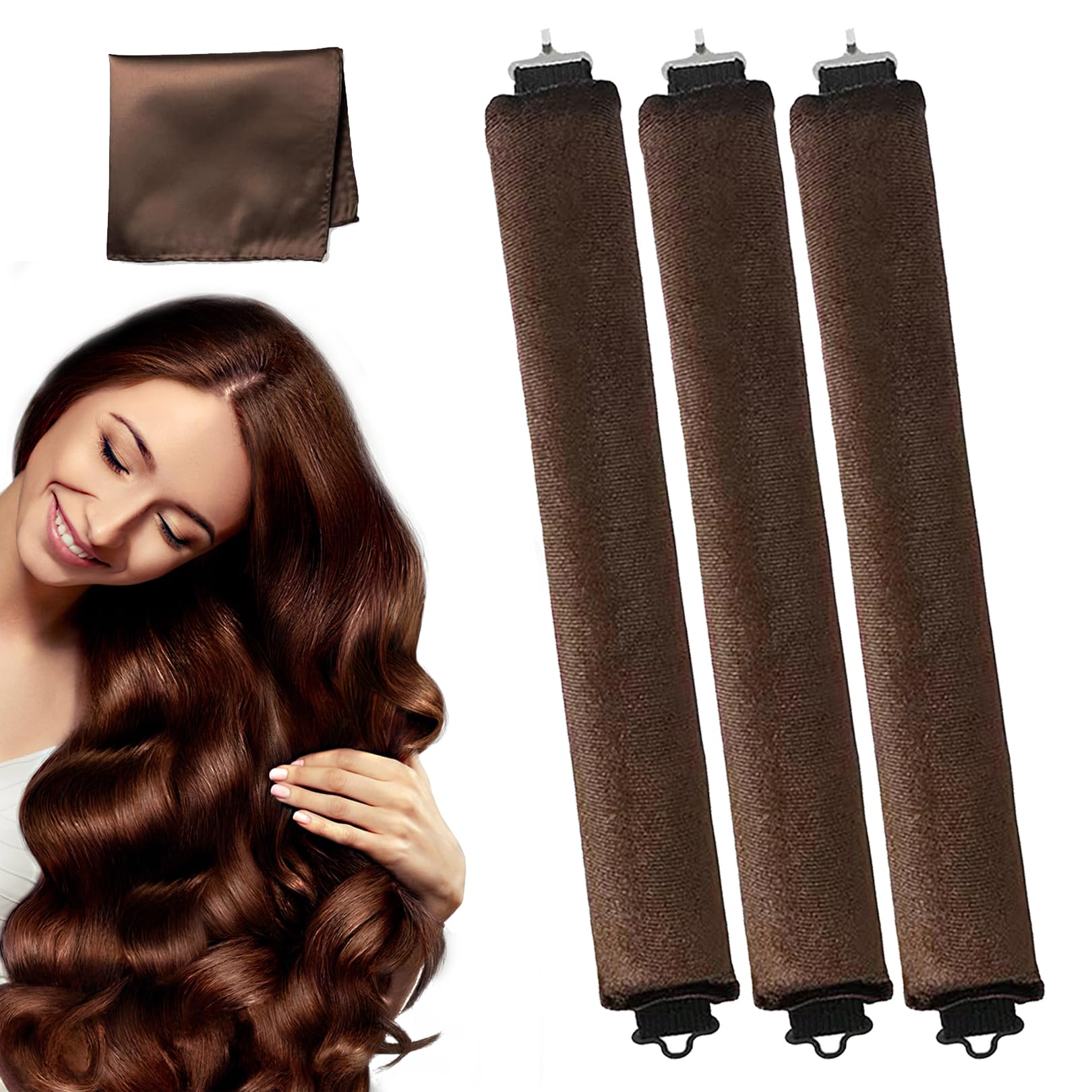 3Pcs Silk Brown Overnight Blowout Curling Set for Long Hair, Lazy DIY Styling Tools for Women