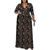 Runwind Plus Size Dresses for Women Floral Maxi Dress Flowy 3/4 Sleeve with Belt