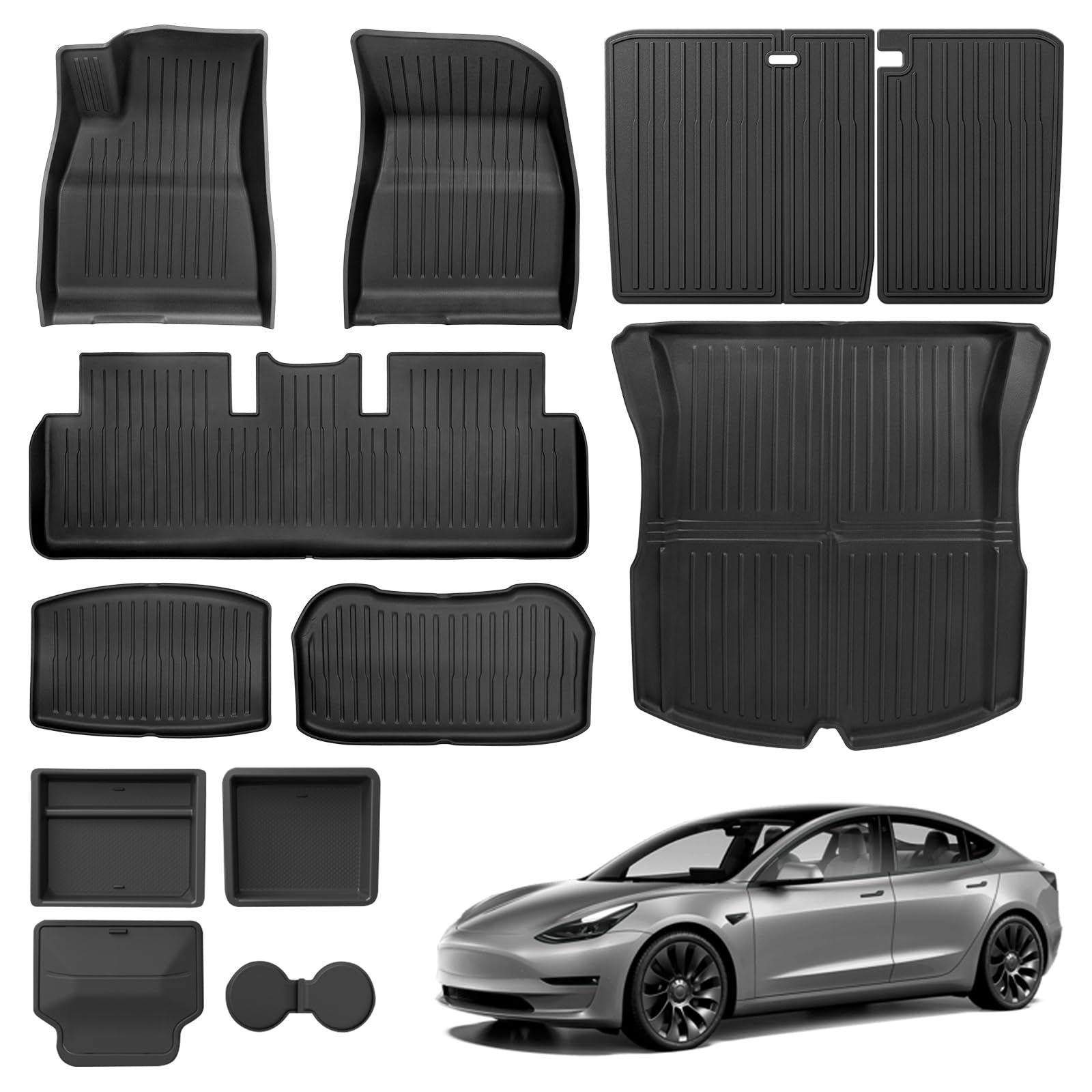 Weize Tesla Model 3 Highland 2025 2024 Accessories 12 PCS Full Set - All Weather Floor Mats & Center Console Organizer Combo | 8PCS Floor Liners + 4 PCS Double Layer Console Organizer Image