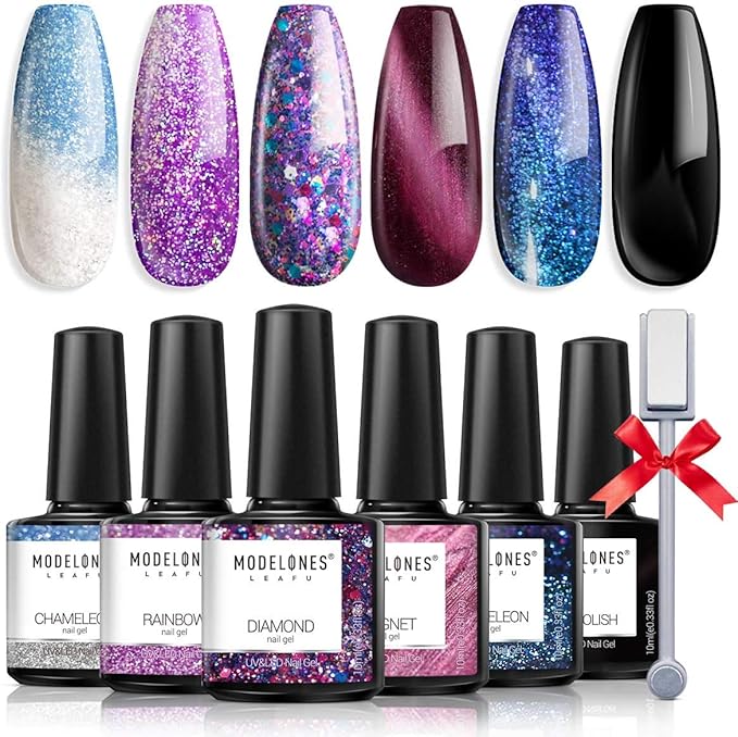 Modelones Gel Nail Polish Set Cat Eyes Mood Black Glitter Shalack