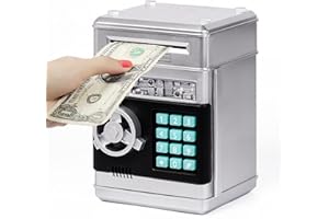 Refasy Kids Piggy Bank - Safe Money Saving Box ATM Bank for Boys & Girls - Silver