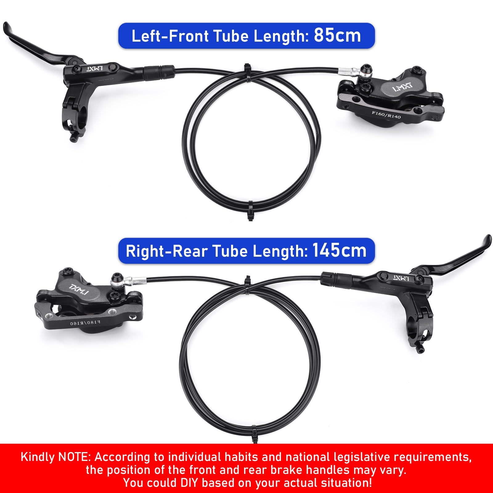 TOBWOLF Upgrade Four-Piston MTB Disc Brake Set, Hydraulic Brakes Kit with 160mm Rotors & Ceramic Brake Pads, Left Front 85cm & Right Rear 145cm Disc Brake Conversion Kit for Mountain Bike E-Bike