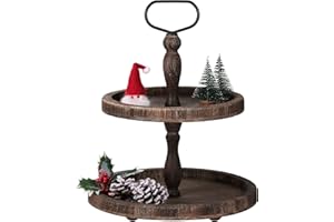 Mustry Rustic Wooden 2 Tiered Tray, Round Farmhouse Kitchen Table Decor Serving Tier Tray, Food Fruits Cupcake Display Coffee Bar Home Party Seasonal Decorations (Brown)