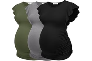 Ekouaer Women's Maternity Shirts 3 Packs Flying Short Sleeve Pregnancy Tops Side Ruched Tunic Blouse Mama Clothes S-XXL