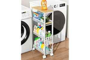 TIPGO Utility Slim Storage Cart, 4 Tier Rolling Cart with Wheels, Narrow Storage Cabinet for Bathroom, Laundry Shelves for Room Organization, Small Organizer for Kitchen, Office and Dorm (White)