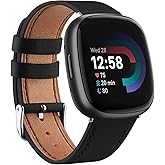 Leather Band for Fitbit Versa 4 / Versa 3 Bands, Fitbit Sense 2 / Sense Bands Women Men, Classic Soft Genuine Leather Straps Replacement Wristband for Fitbit Versa 4 / Sense 2 Smartwatch