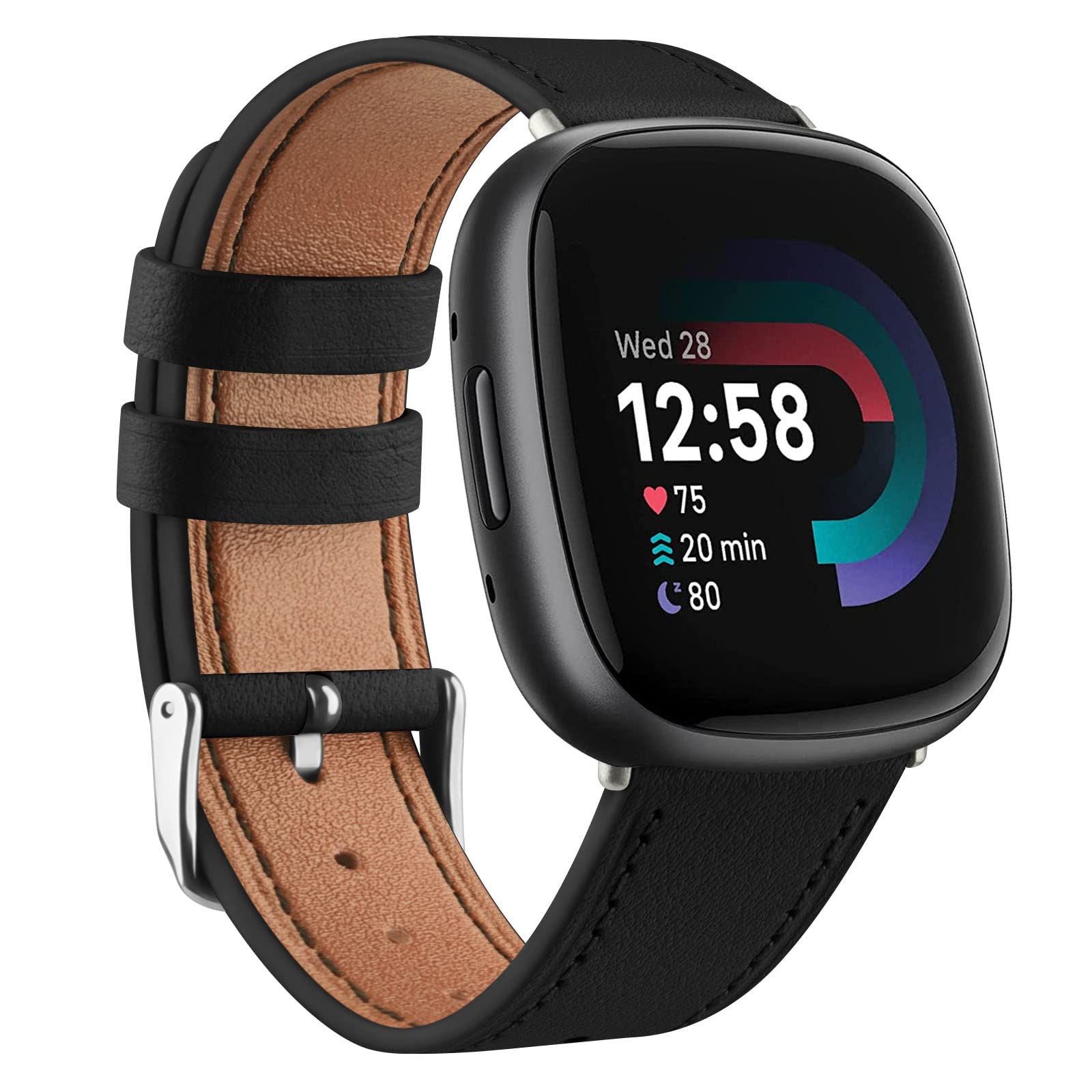 Wanme Genuine Leather Strap Compatible with Fitbit Versa 3/4, Sense/Sense 2 - Black, 20mm Unisex Classic Watch Band — image 1